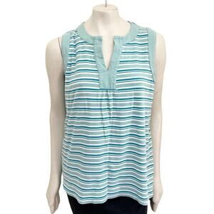 JONES NEW YORK 100% Cotton Split Neck Striped Sleeveless Shirt SZ XL